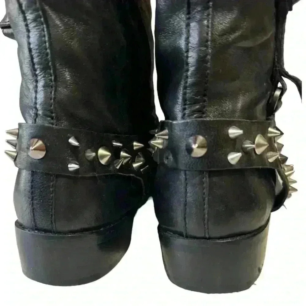 SAM EDELMAN tall leather spiked moto riding boots - black + tan - women 7 medium - Picture 8 of 16